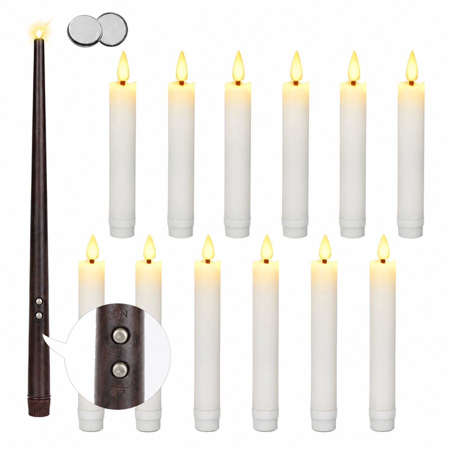 SWGOTA led kaarsen, 12 stuks met toverstaf-afstandsbediening, warmwit flikkerlicht, gegolfde rand en kogelvormige vlamtip voor verjaardagen en Halloween