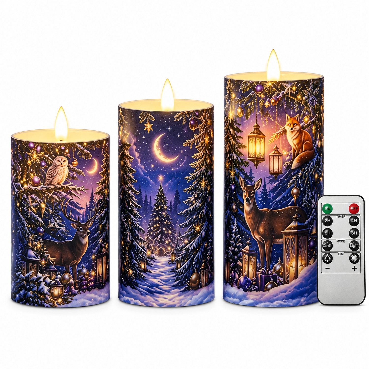 SWGOTA led kaarsen, set van 3 met afstandsbediening, kerstbosprint, warm licht, kunststof kaarsvorm, zonder batterijen Groen