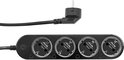 Zwarte Shelly Power Strip 4 Gen4 stekkerdoos met vier stopcontacten en een stroomkabel op een zwarte achtergrond.