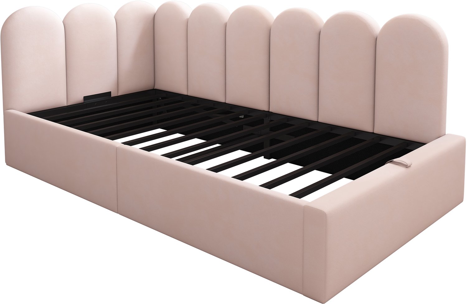 MUVANO Roze fluwelen bedbank 90x200 cm - Eenpersoonsbed met opbergruimte - Hydraulische bedbodem - L-vormig frame - Voor kinder- en logeerkamer