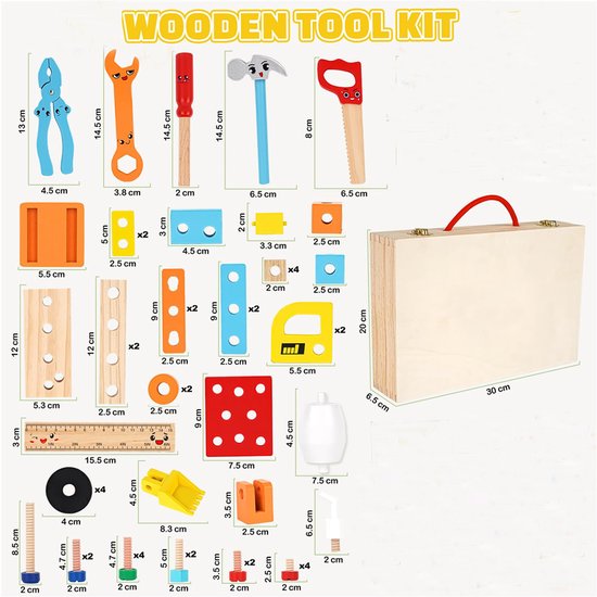 Houten gereedschapskist speelgoed - educatief houten speelgoed voor kinderen - veilig gereedschapsset voor peuters – Montessori speelgoed - rollenspel cadeau – klusset met Hamer, Zaag en moersleutel — afbeelding 4