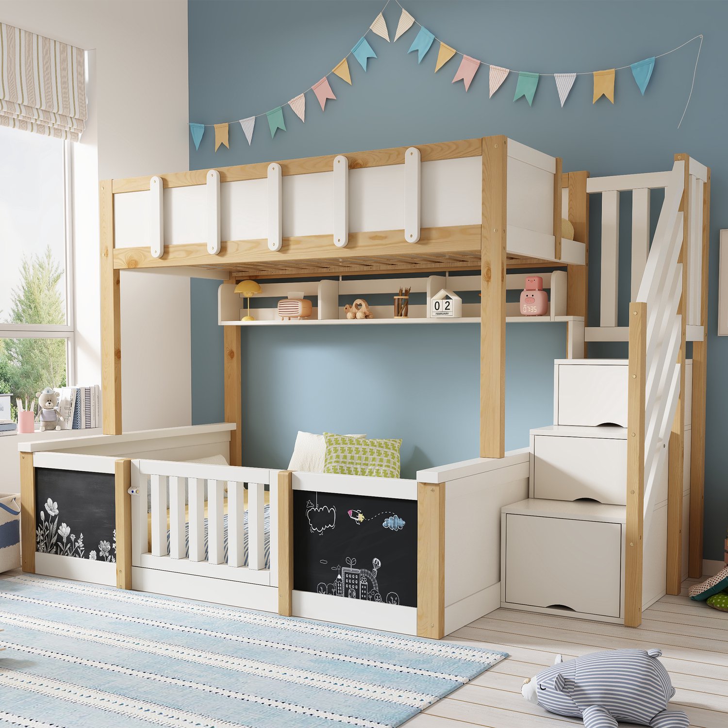 Sweiko Stapelbed - 90 x 200 cm & 140 x 200 cm - Houten kinderbed - Met opbergruimte - Krijtbord - Wit + Naturel
