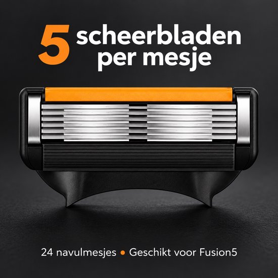 Scheermesje met 5 bladen en oranje strip, 24 navulmesjes, geschikt voor Fusion5.
