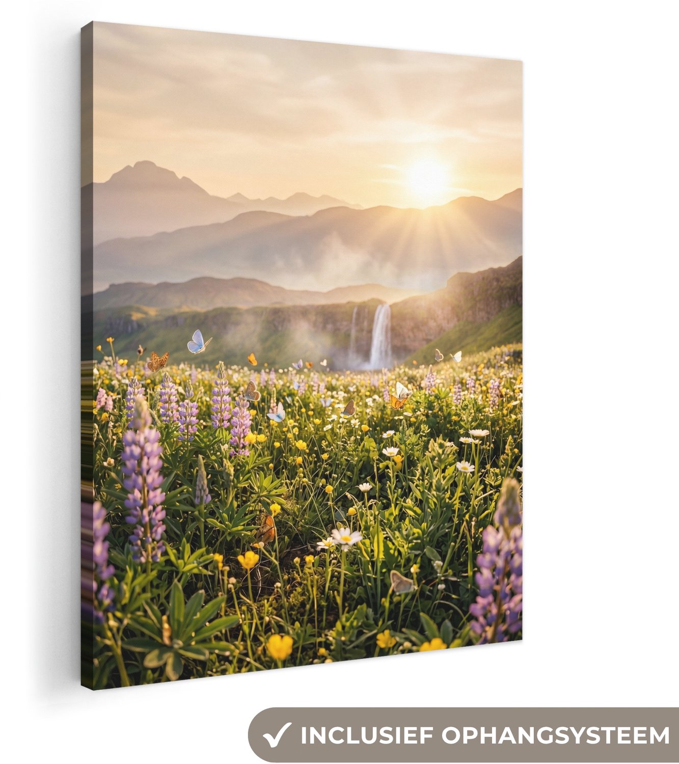 Canvas schilderij 70x100 cm - Exclusieve wanddecoratie Vlinders - Waterval - Bloemenveld - Muurdecoratie woonkamer - Slaapkamer decoratie - Kamer accessoires - Schilderijen op canvas