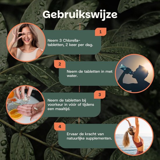 Gebruiksaanwijzing met vier stappen en foto's van mensen die chlorella-tabletten innemen.