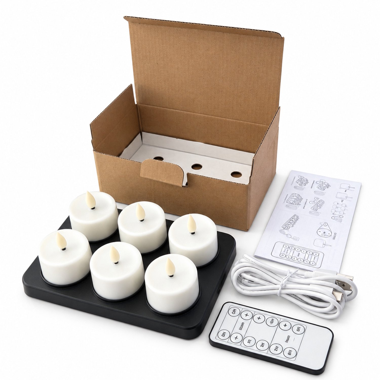 SWGOTA led kaarsen, set van 6 oplaadbare theelichtjes met matte afwerking, zwarte laadvoet met 6 plaatsen, afstandsbediening en Type-C-kabel Wit