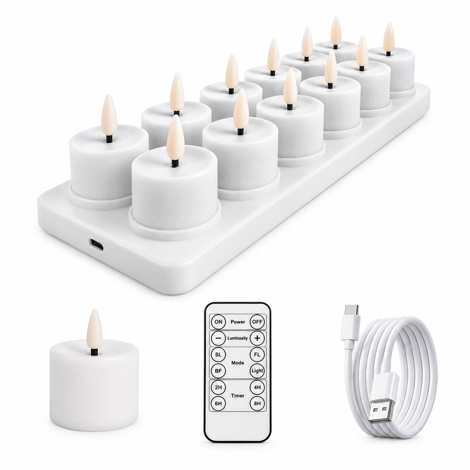 SWGOTA led kaarsen, set van 12 - Wit, gladde uitvoering, warm licht, afstandsbediening en USB-C-laadvoet met 2 x 6 plaatsen