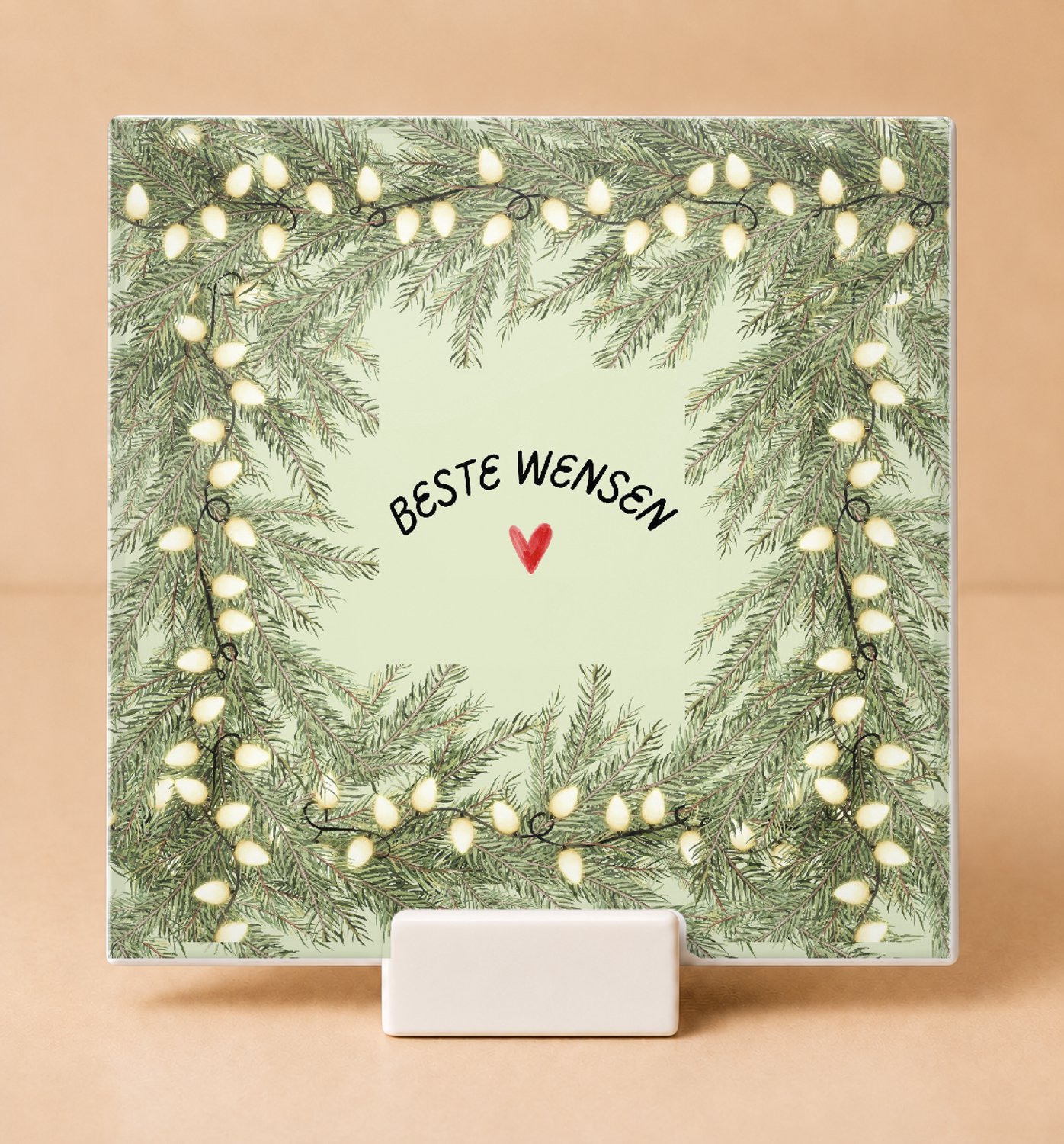 Bedruk King Sfeervolle Beste Wensen Tegel – Keramieke Kersttegel met Dennentakken en Lichtjes voor Kerstliefhebbers - 11 x 11 cm met houder Wit