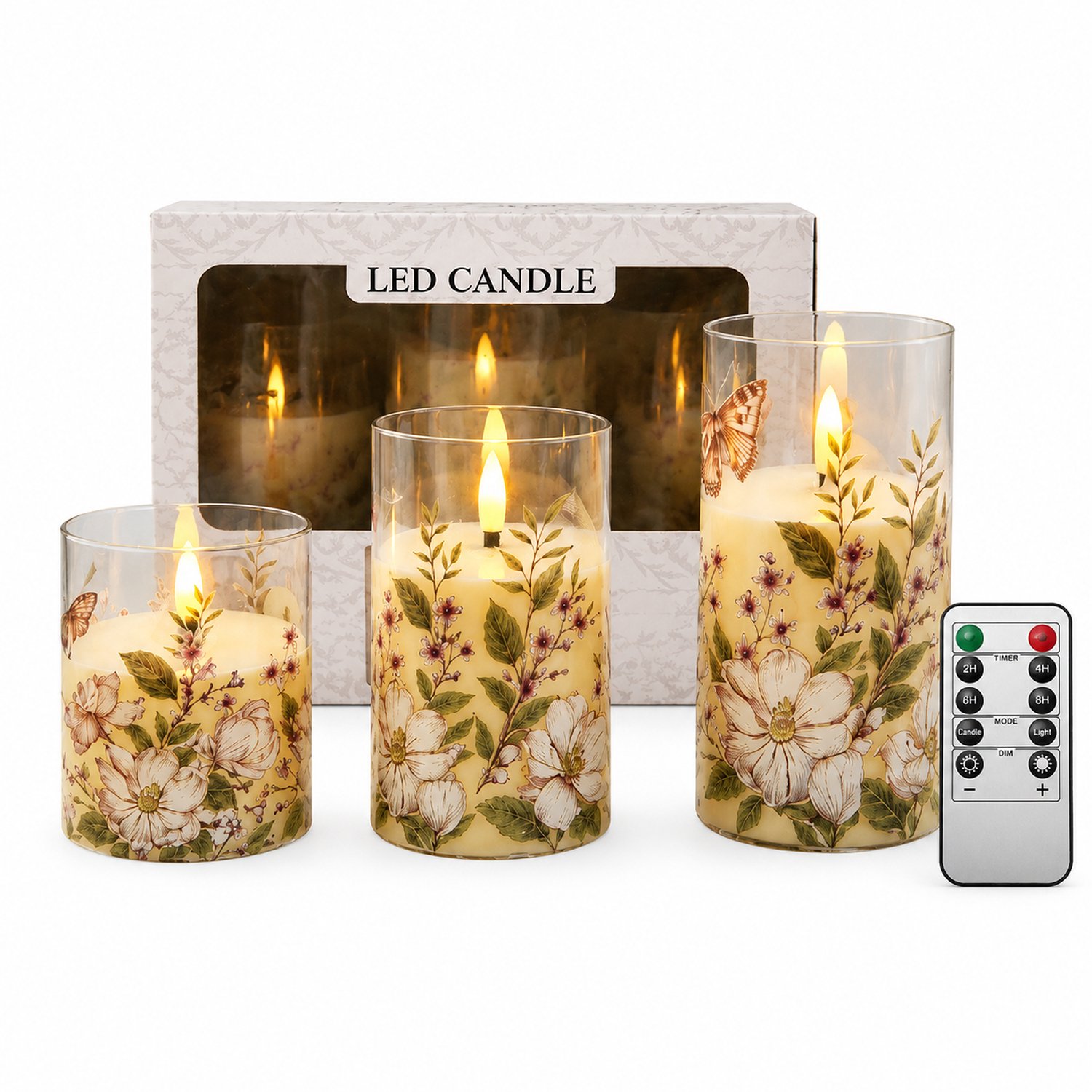 SWGOTA led kaarsen, set van 3 met bloemendecor, warm licht en vlamvorm, oplaadbaar met afstandsbediening, in vensterdoos Bruin