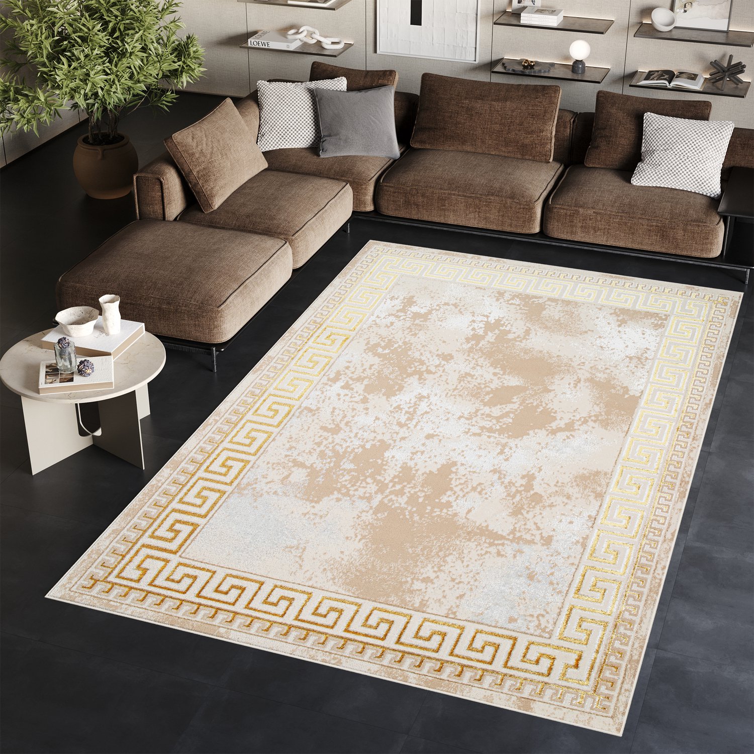 Tapiso Ares Vloerkleed Beige Frame Laagpolig Oriental Woonkamer Tapijt Maat- 80x150 Goud