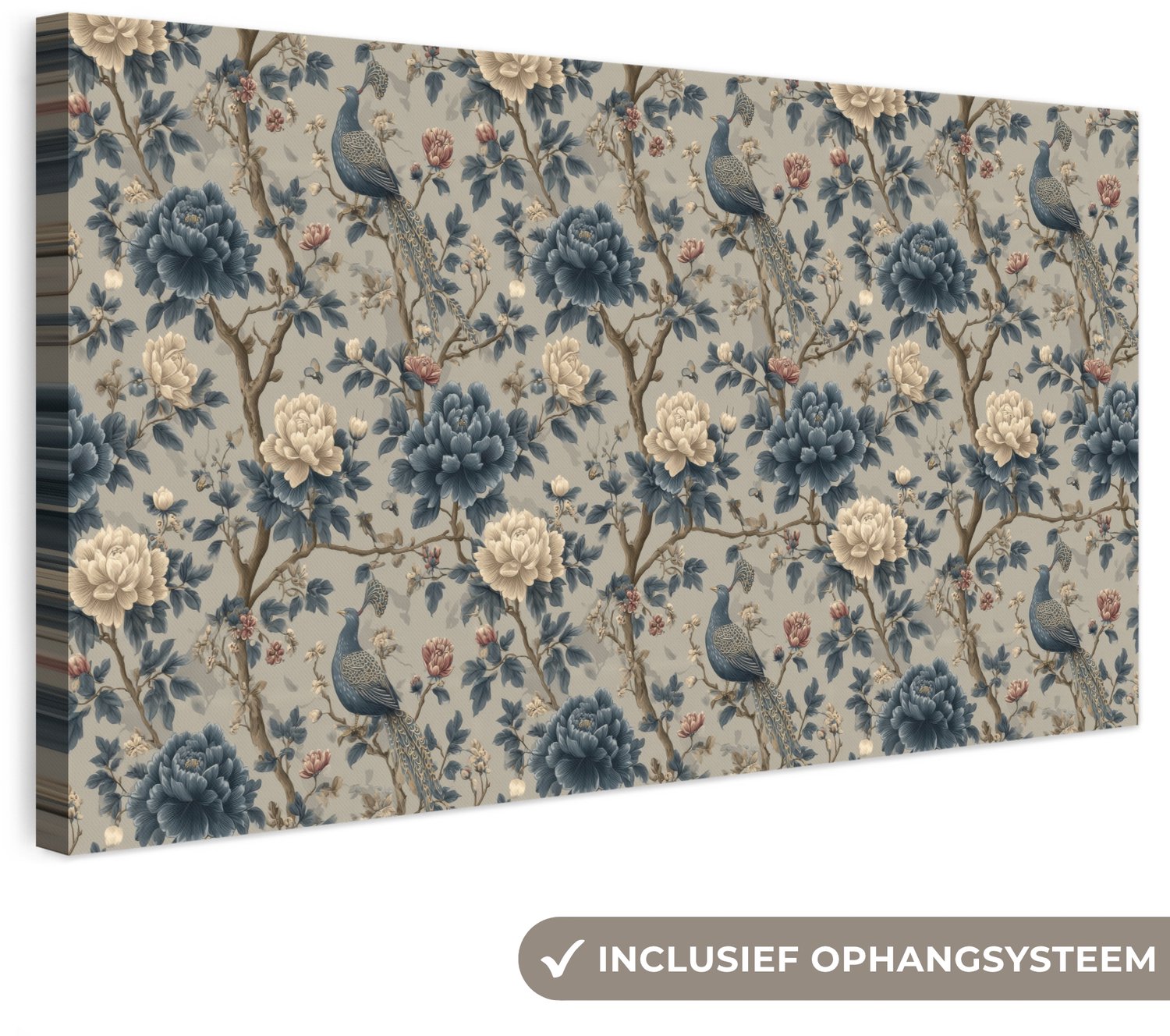 Canvas schilderij 80x40 cm - Exclusieve wanddecoratie Pauw - Bloemen - Blauw - Muurdecoratie woonkamer - Slaapkamer decoratie - Kamer accessoires - Schilderijen op canvas