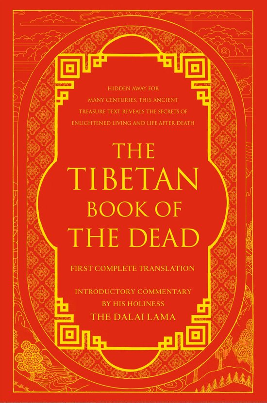 Rode boekomslag met gouden sierranden en de titel 'The Tibetan Book of the Dead' in het midden.
