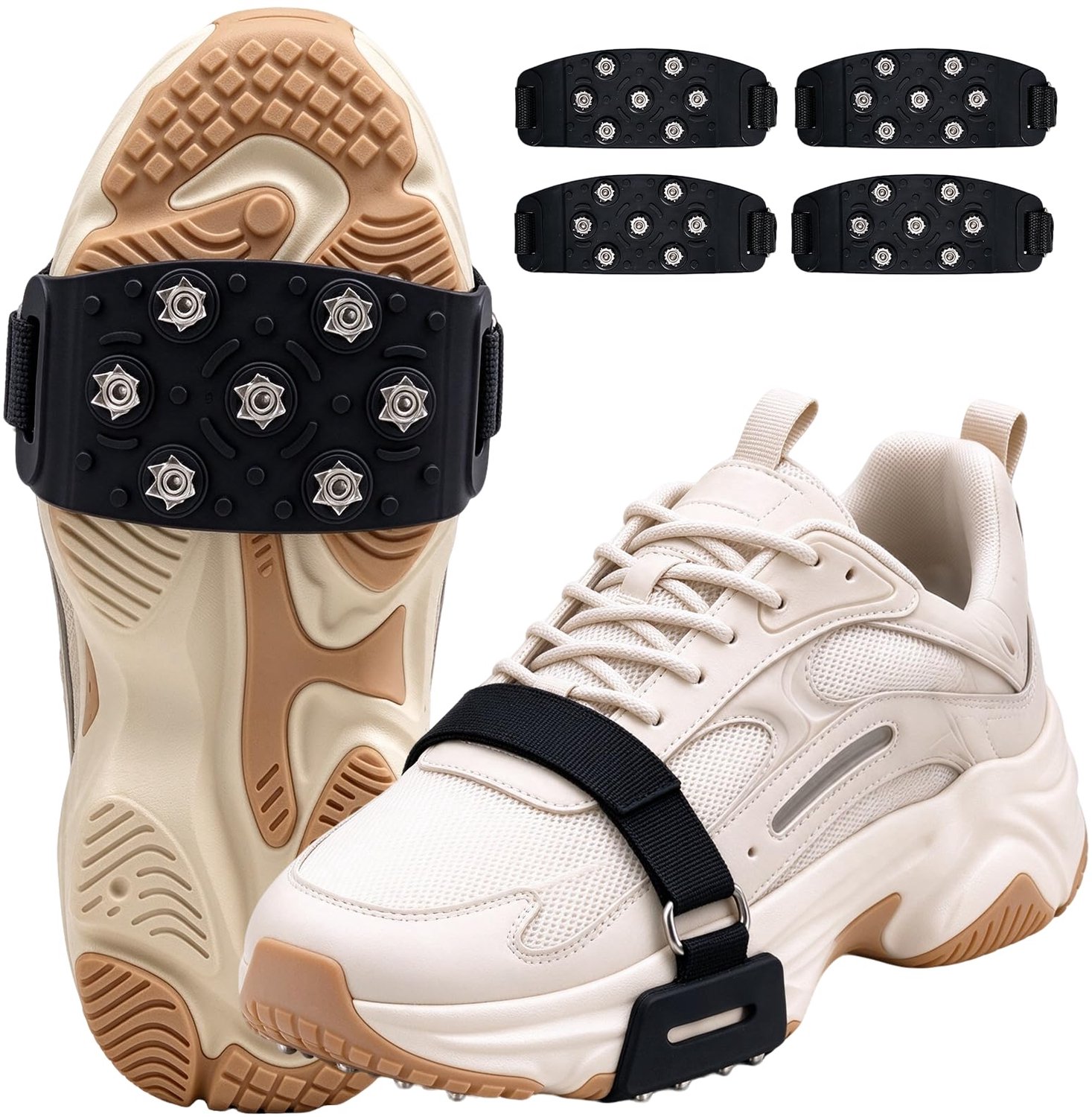 Famanu – Antislip schoenspikes set van 4 stuks lichtgewicht stijgijzers voor wandelschoenen ideaal voor winterse omstandigheden en sneeuwbedekte paden Wit