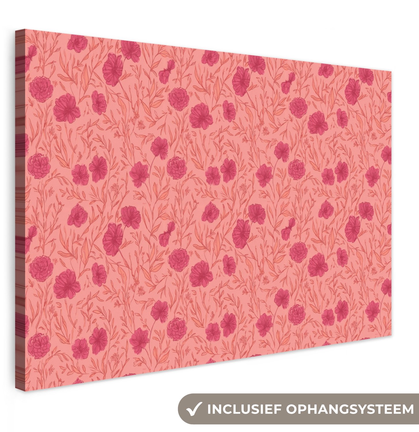 Canvas schilderij 150x100 cm - Exclusieve wanddecoratie Weidebloemen - Romantisch - Roze - Muurdecoratie woonkamer - Slaapkamer decoratie - Kamer accessoires - Schilderijen op canvas groot XXL