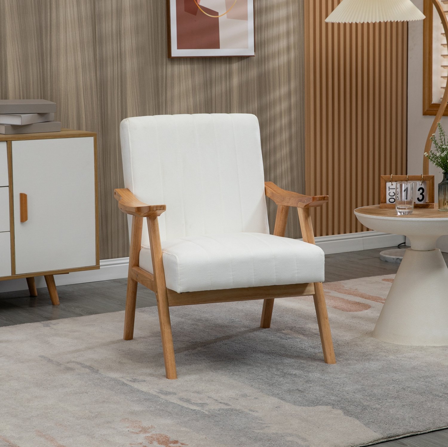 MODFU Fauteuil - Gestoffeerd Met Armleuningen - Scandinavisch - Hout - Crèmewit - 68 x 74 x 82 cm Crème wit