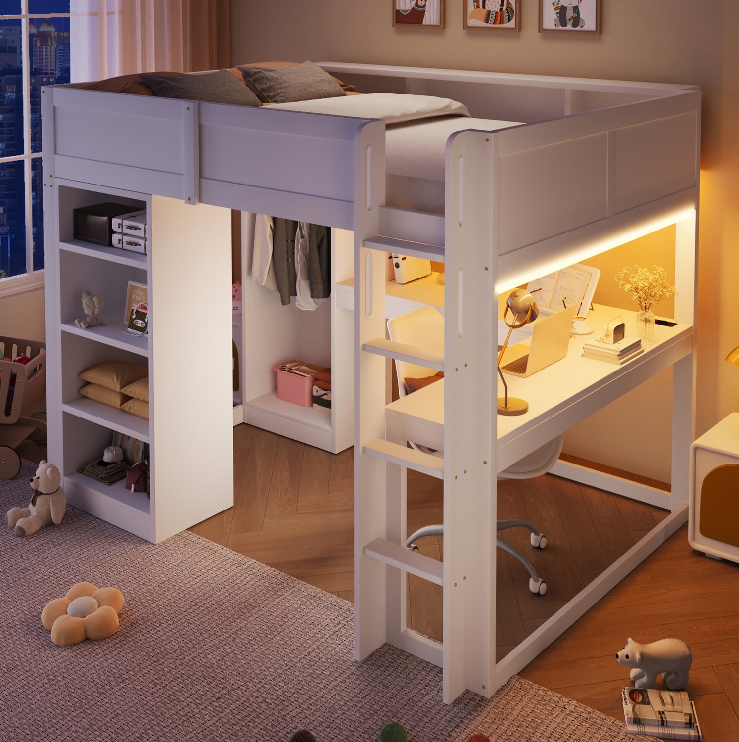 STILVORA Hoogslaper 140 x 200 cm – Met Bureau en Verlichting – Kledingkast en Opbergruimte – Hout en MDF – Zonder Matras – Wit