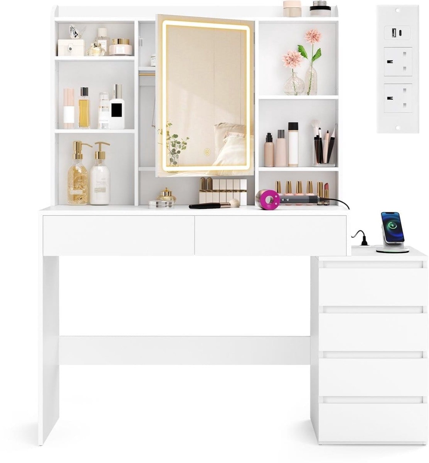 Klarven Kaptafel Wit - Oplaadstation Kaptafel - Dressing Table - Spiegel met Dimbare LED-Verlichting, Lades en Geintegreerd Oplaadstation - 124,7x40x145 cm