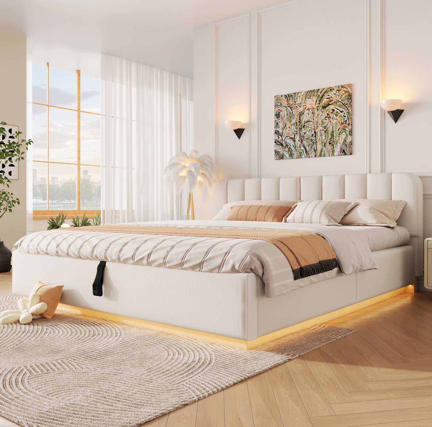 MODFU Gestoffeerd Tweepersoonsbed - Hydraulische Opbergruimte - Ledverlichting - Chenille - Beige - 180 X 200 Cm