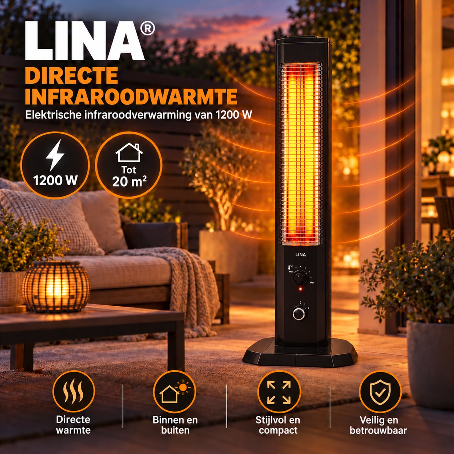 Lina® Infrarood Verwarming 1200W – Energiezuinige Elektrische Kachel voor Binnen en Buiten – 2 stuks - Terrasverwarmer – foto 3