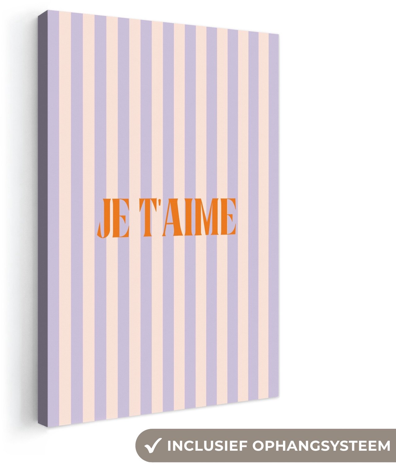 Canvas schilderij 20x30 cm - Exclusieve wanddecoratie Lila - Oranje - Strepen - Je t'aime - Muurdecoratie woonkamer - Slaapkamer decoratie - Kamer accessoires - Schilderijen op canvas
