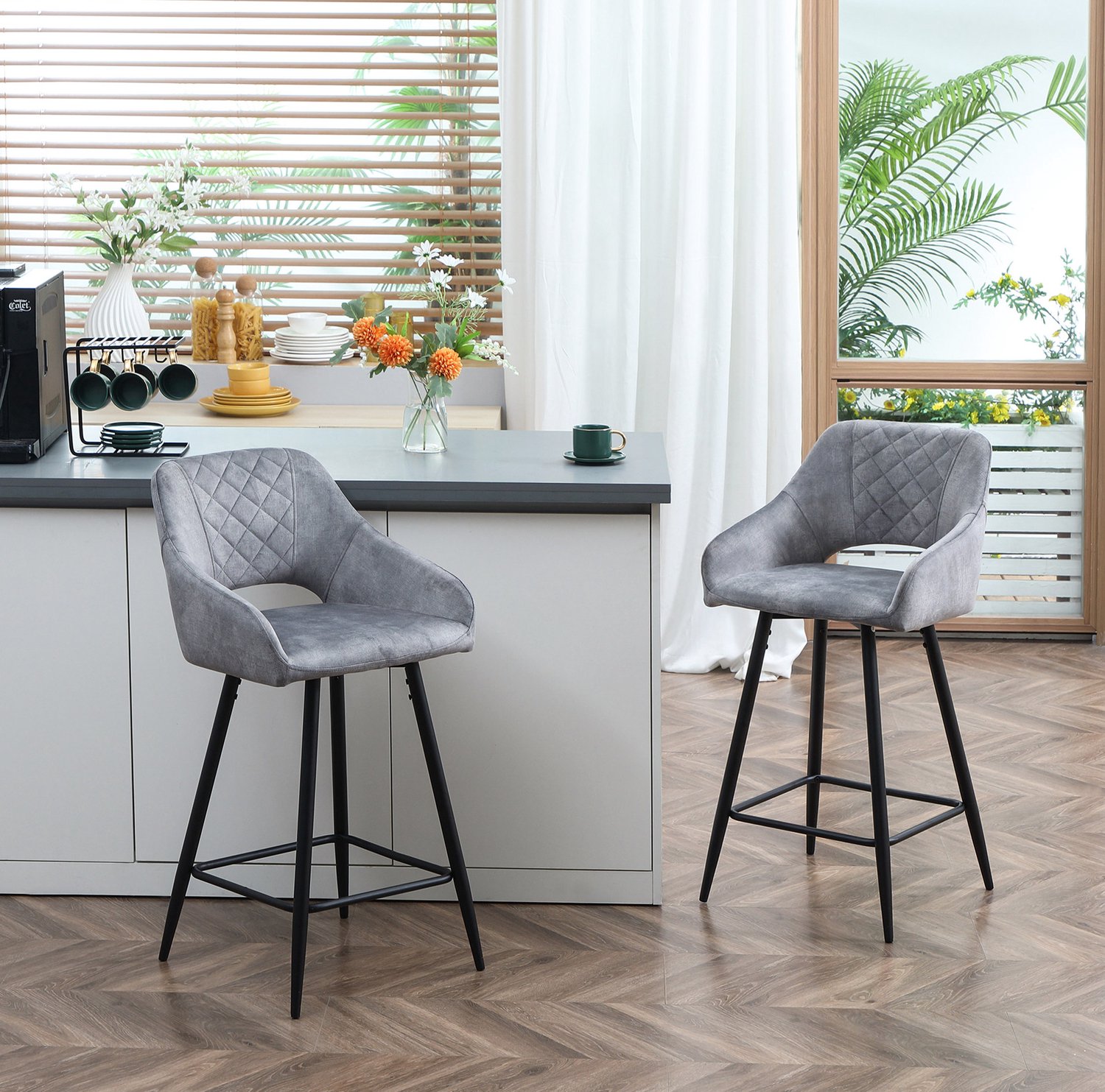 MODFU Barkrukken Set Van 2 - Gestoffeerde Zitting En Rugleuning - Voetsteun - Polyester - Grijs - 50 X 53 X 94 Cm