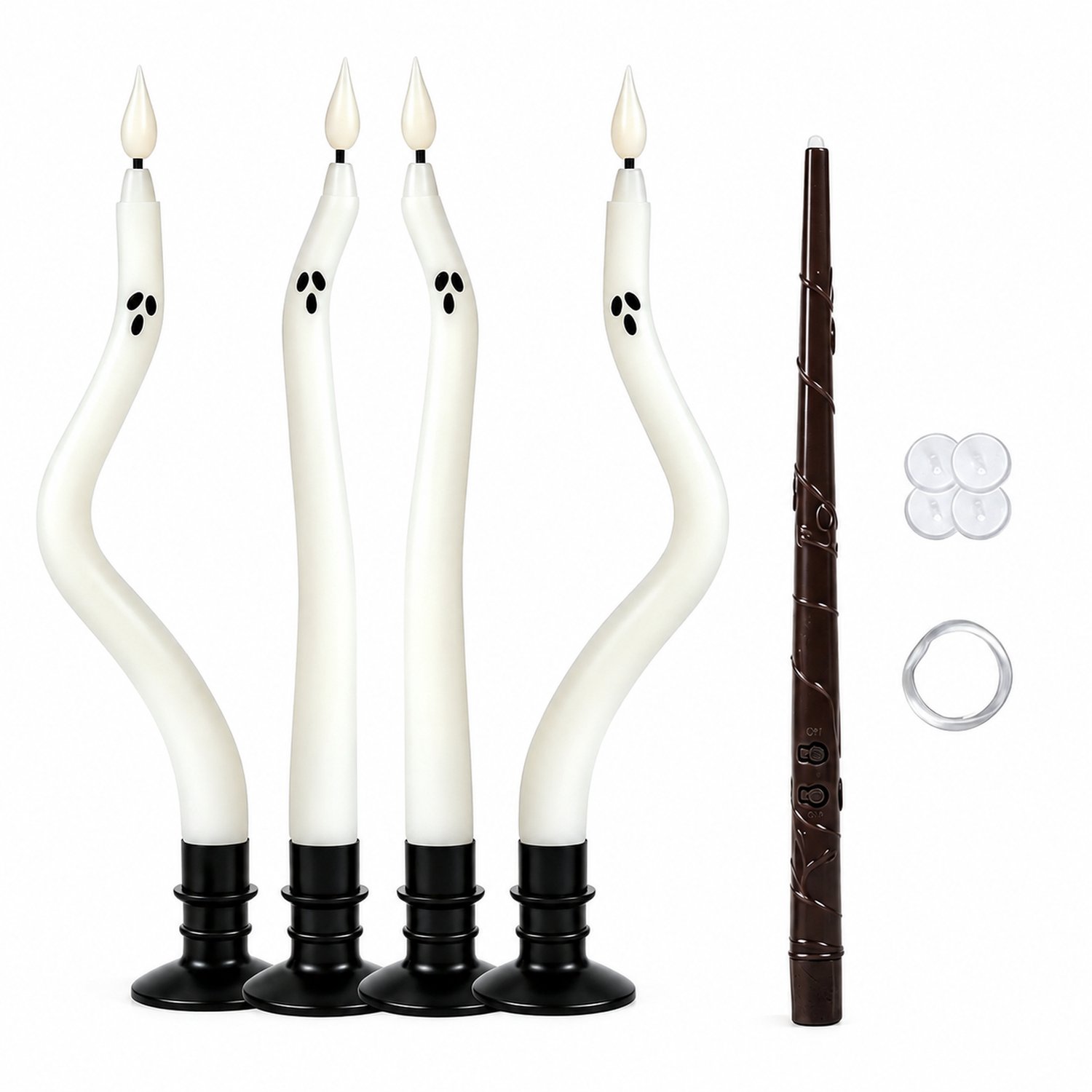SWGOTA led kaarsen, set van 4, S-vorm met spookgezichten, warmwit flikkerlicht, met 4 ronde voetjes en toverstaf met 2 knoppen voor Halloween