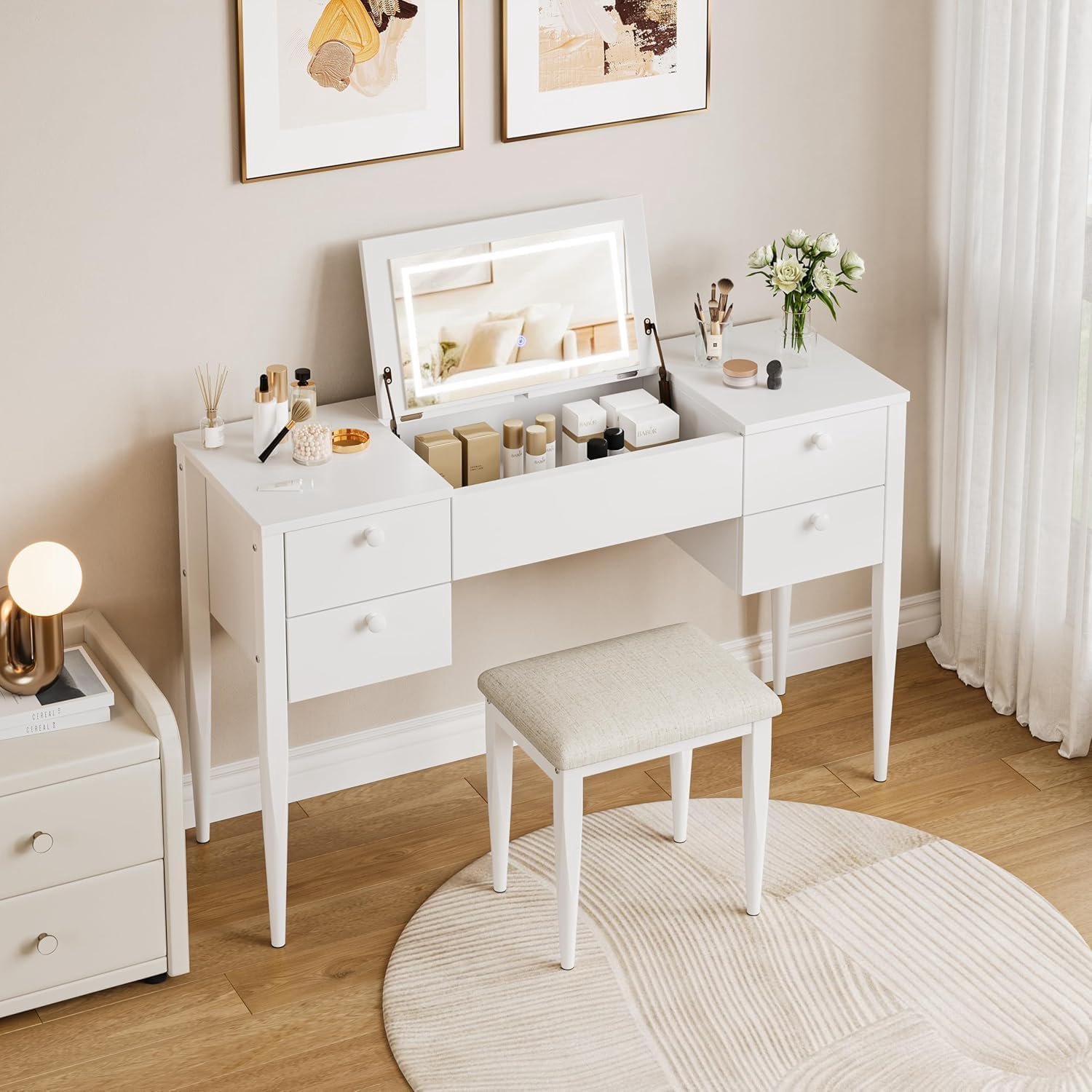 HOERFURIY Kaptafel 119 cm met Opklapbare LED-spiegel - 5 Laden en Kruk Wit