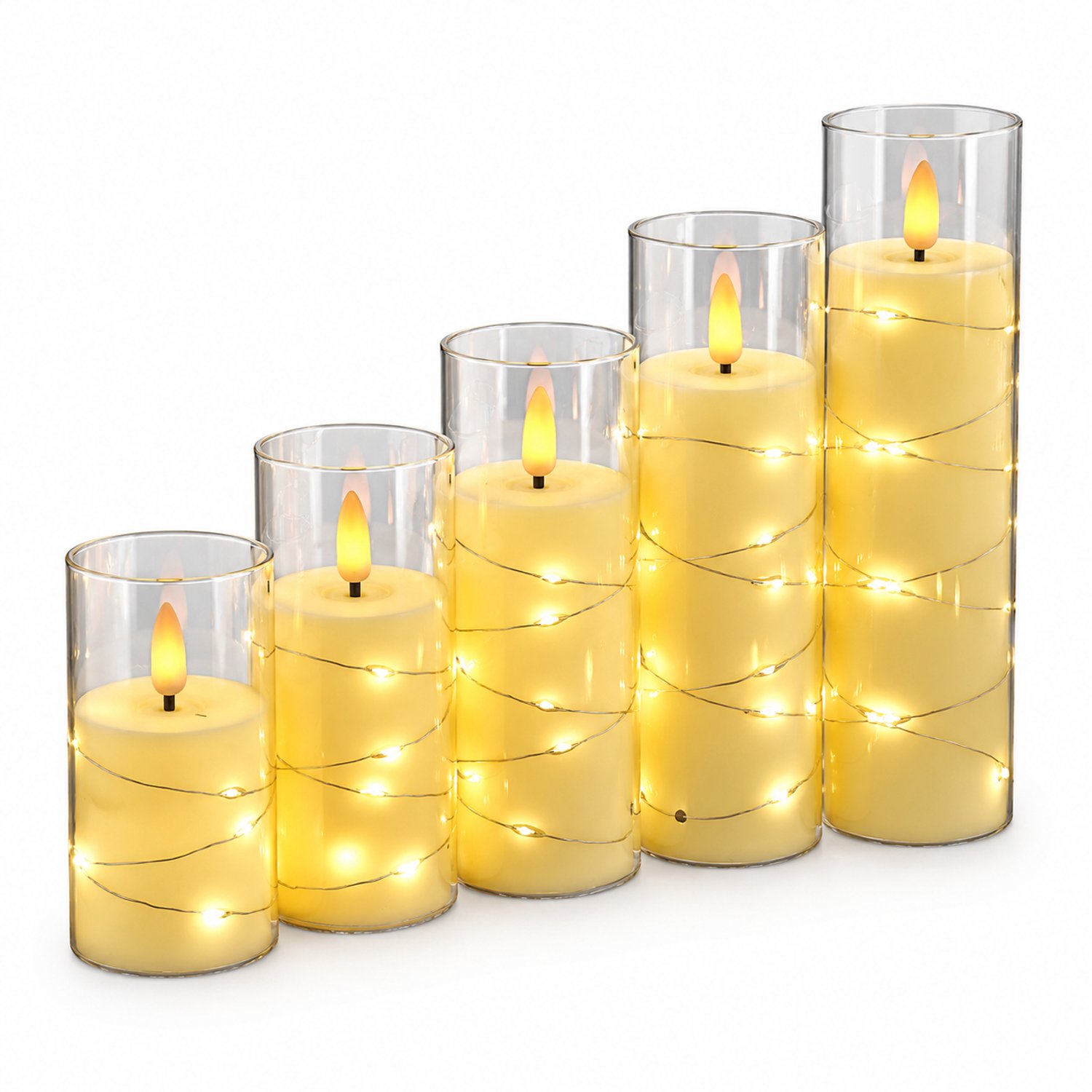 SWGOTA led kaarsen, set van 5 met lichtsnoer van 50 lampjes, vlamvormige lichtpunten en transparante mantel voor bruiloften en tafeldecoratie Ivoor