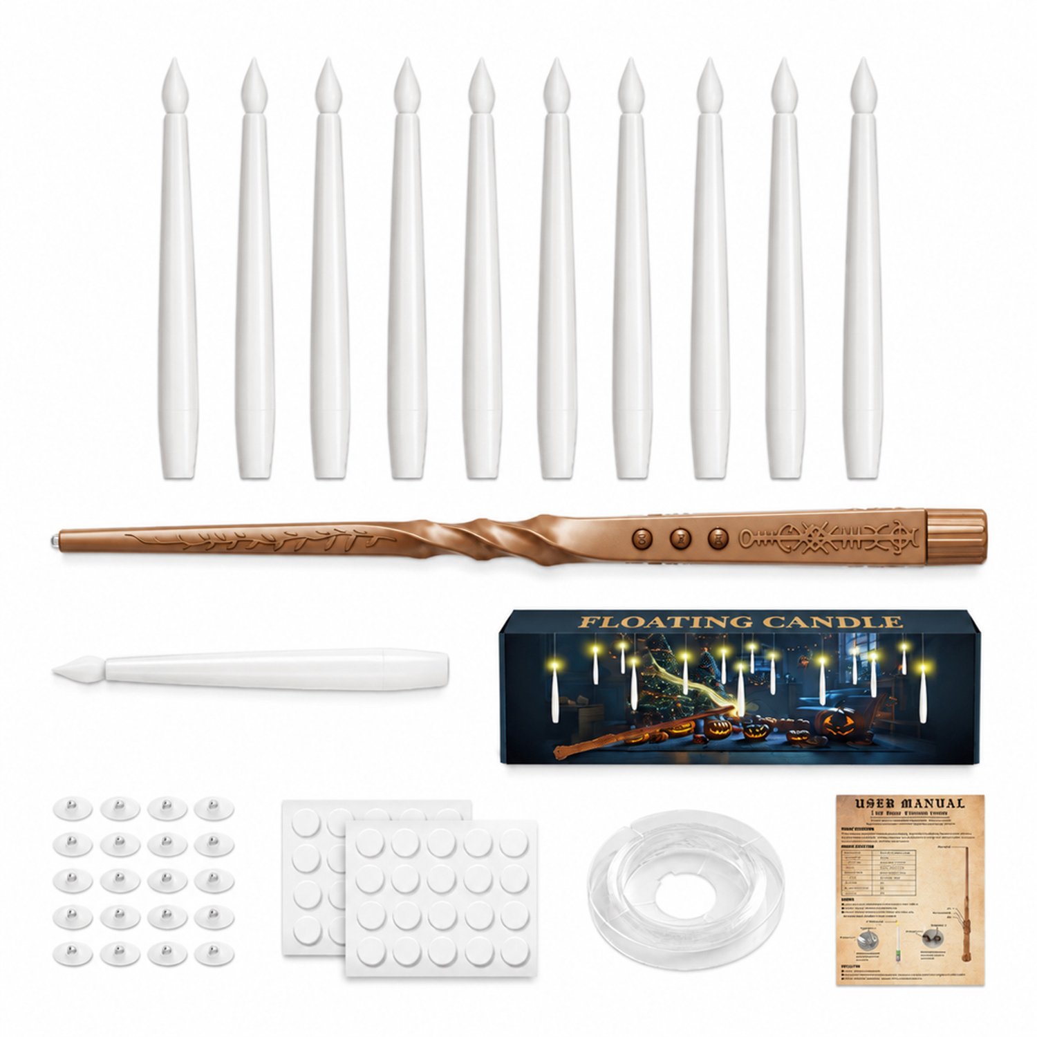 SWGOTA led kaarsen, set van 10 zwevende kaarslampen van 15 cm met toverstaf van 30 cm en ophangaccessoires Wit