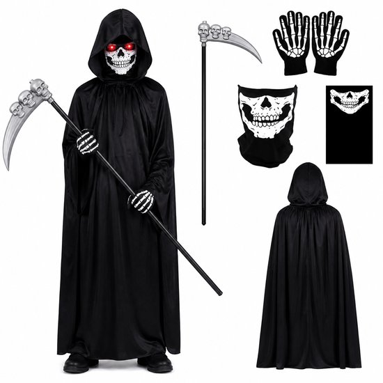 Grim Reaper kostuum met cape, zeis, skelet handschoenen, schedel sjaal en masker. Ook losse cape en zeis.