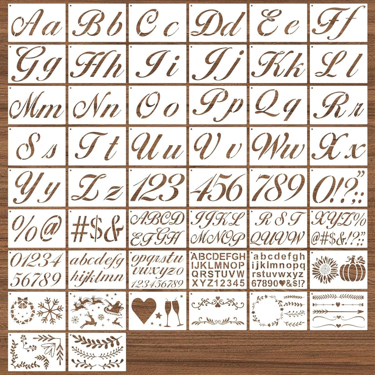 Sjabloon voor schilderwerk - Letter Stencils - 50-delige Set Kalligrafie Sjablonen met Cijfers en Letters - Herbruikbare Cursieve Stencils voor Kunst en Ambacht - Inclusief Bloemmotieven - A4-formaat - Geschikt voor Acrylverf - Engelse letters