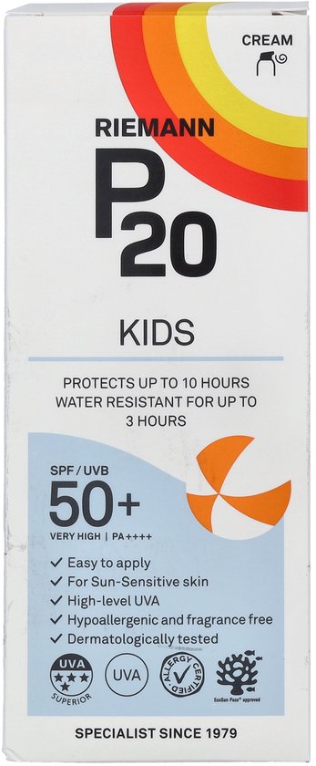 Witte P20 Kids zonnebrandcrèmekarton met regenboog en "P20 KIDS SPF 50+"