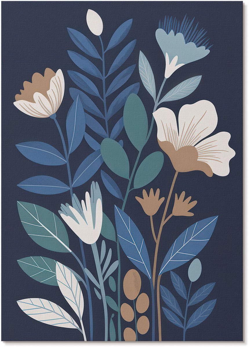 Tulup Polycanvas Wandposter - Bloemen En Bladeren, Illustratie - A4 - Blauw Motief - Rechthoek - Wandkunstwerk - Woonkamer, Slaapkamer, Kantoor - Klassiek