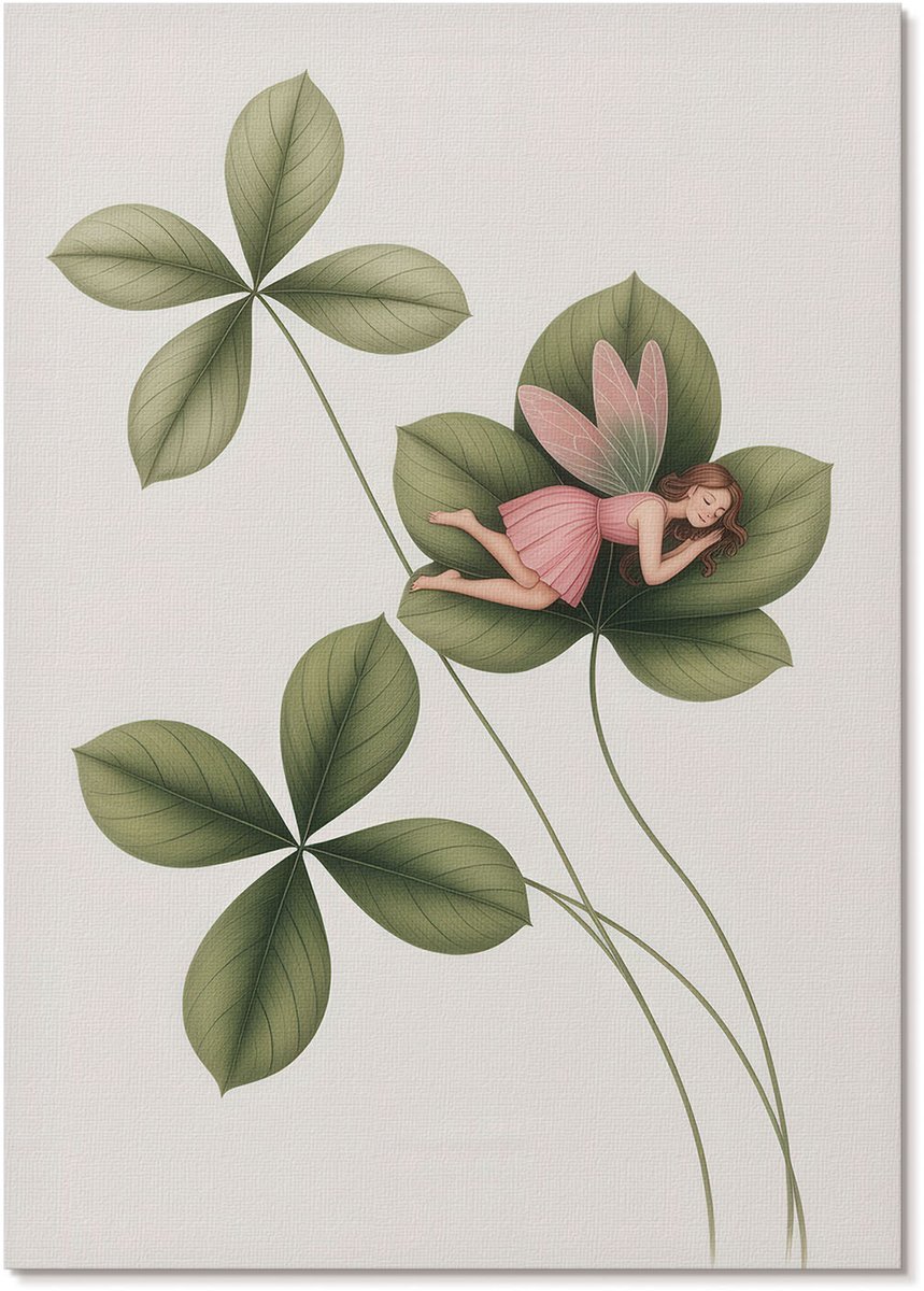 Tulup Polycanvas Wandposter - Fee Op Een Bloem, Illustratie - A4 - Groen Design - Rechthoek - Canvasposter - Woonkamer, Slaapkamer, Kantoor - Kinder