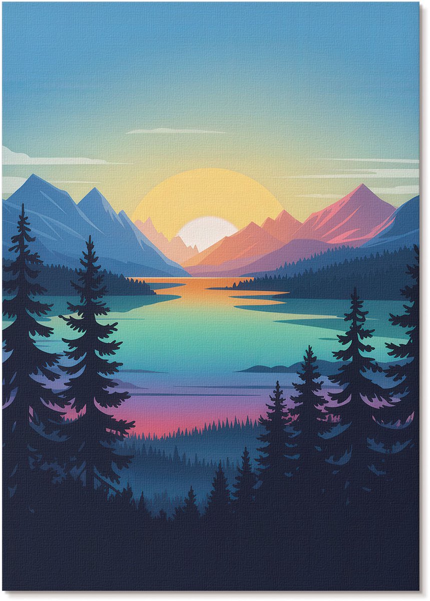 Tulup Polycanvas Wandposter - Bergachtig Westen, Illustratie - A4 - Blauw Wanddecoratie - Rechthoek - Canvasposter - Woonkamer, Slaapkamer, Kantoor - Modern