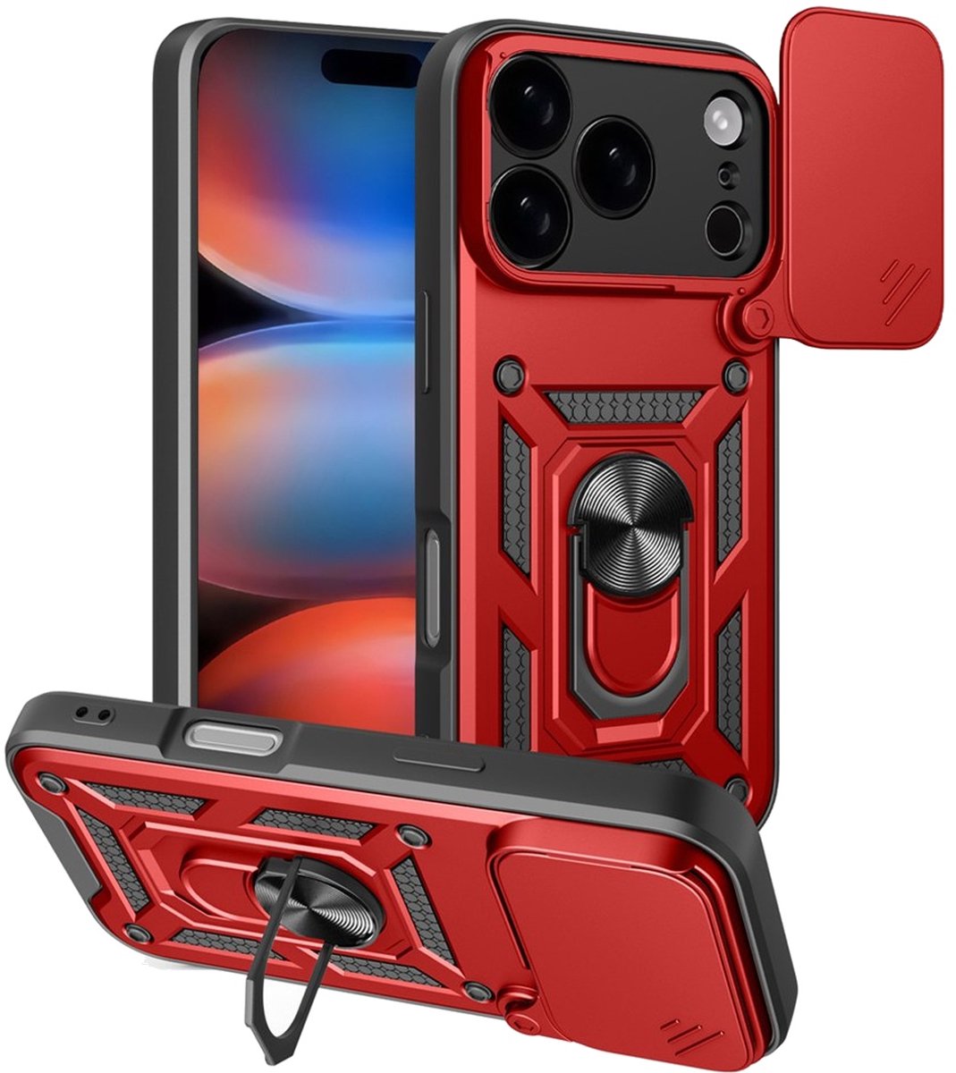 MobyDefend Hoesje - Geschikt voor iPhone 18 Pro - Pantsercase Met Draaibare Ring - Rood
