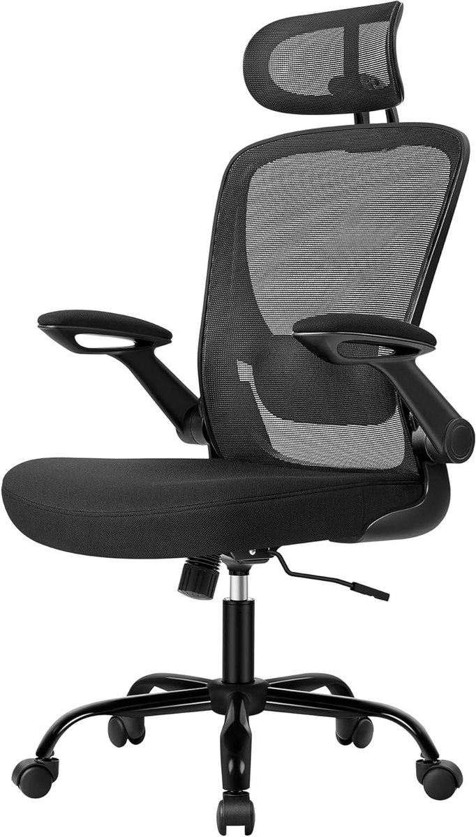 Bureaustoel 64 x 64 x 115-130 cm Zwart, Ergonomische Bureaustoel met Mesh Zitting, Lendensteun en Verstelbare Hoofdsteun, Opklapbare Armleuningen, In Hoogte Verstelbaar, Kantelbaar 90°-105°, Werkstoel met Wielen