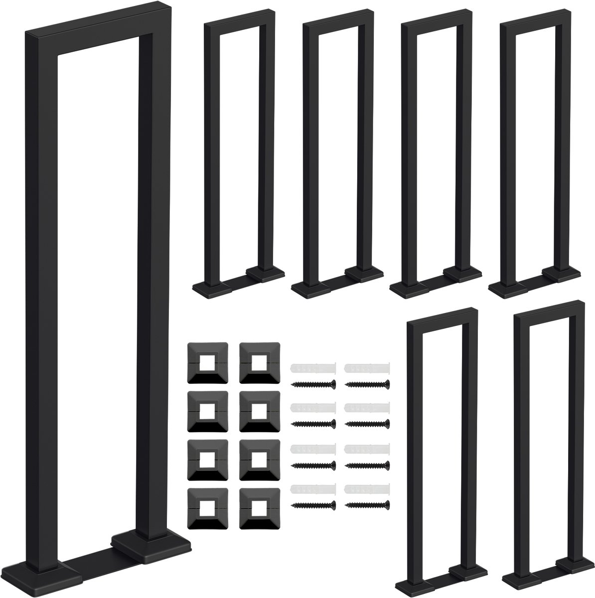 U-vormige trapleuning 65 cm zwart – ijzeren leuning met vierkante buis, trede-montage, binnen en buiten, incl. afdekkappen