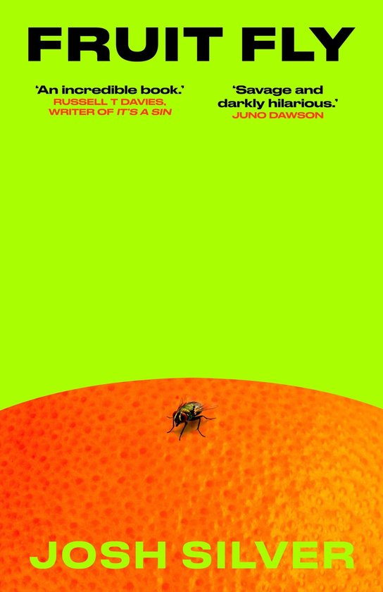 Livre "Fruit Fly" par Josh Silver. Une mouche est posée sur une grosse orange. "Un livre incroyable." "Sauvage et sombrement hilarant."