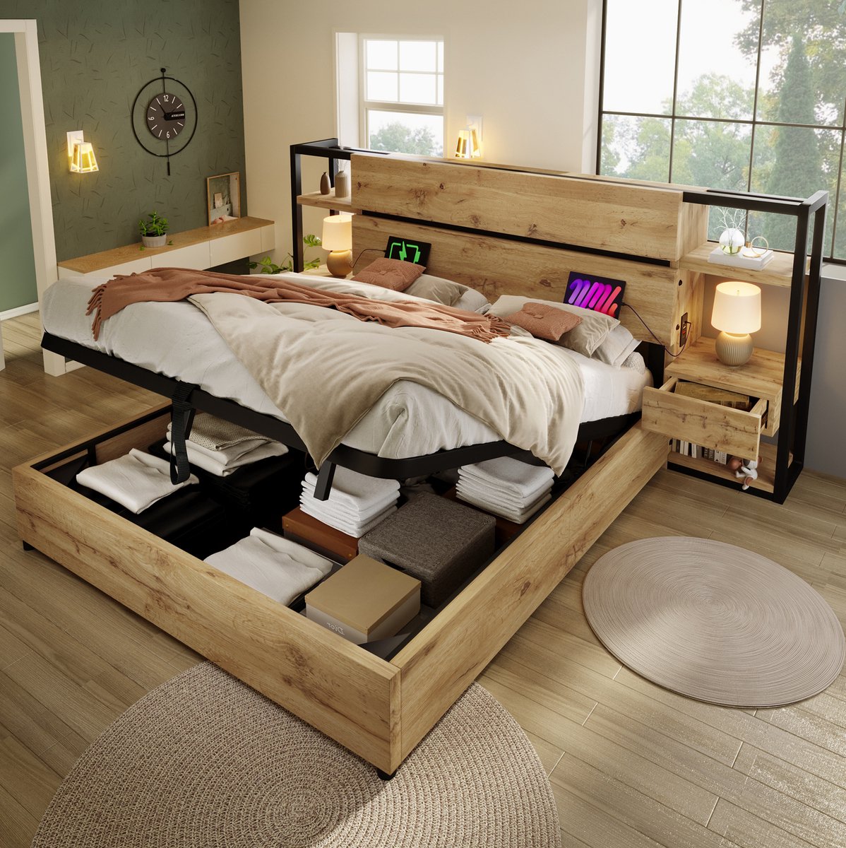 REDOM- Bed - Tweepersoonsbed 160 x 200 cm - Opbergbed met lades en opbergruimte - USB- en Type-C oplaadstation - Industriële stijl - Slaapkamer - MDF en metaal - Eik - 240 x 222 x 110 cm
