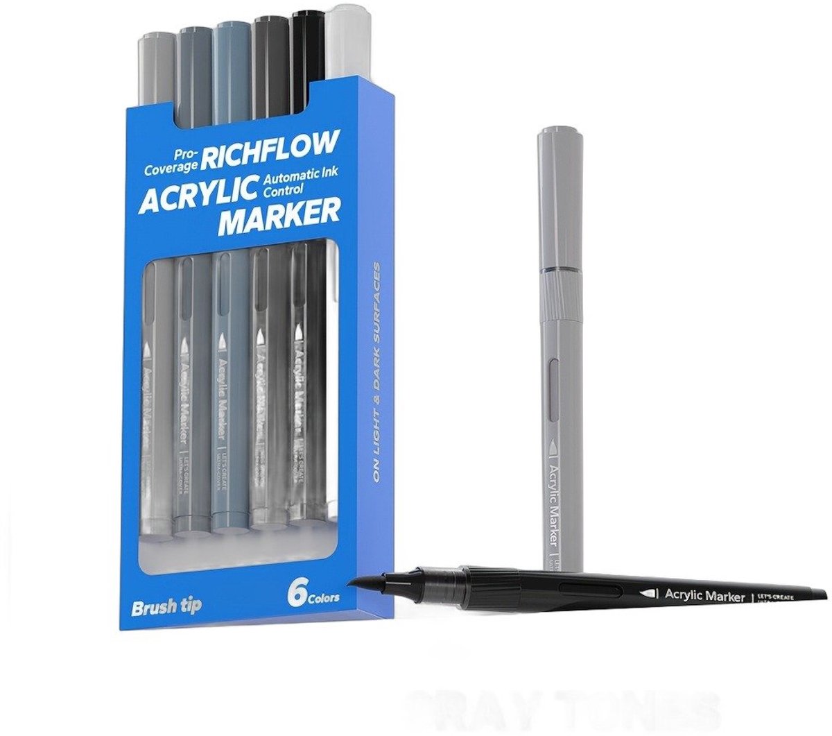 Currero Aquamarkers - Twinmarkers - Brushpennen - Stiften - Markeerstiften Op Waterbasis - Dual Tip - Tekenen En Kleuren - Grijs 6 Stuks
