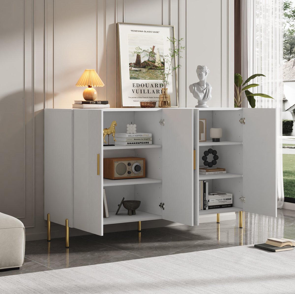 REDOM - Dressoir - 4 deuren - Verstelbare planken - Metaal en spaanplaat - Moderne stijl - Woonkamer, eetkamer of hal - Wit en goud - 160 x 35 x 100 cm