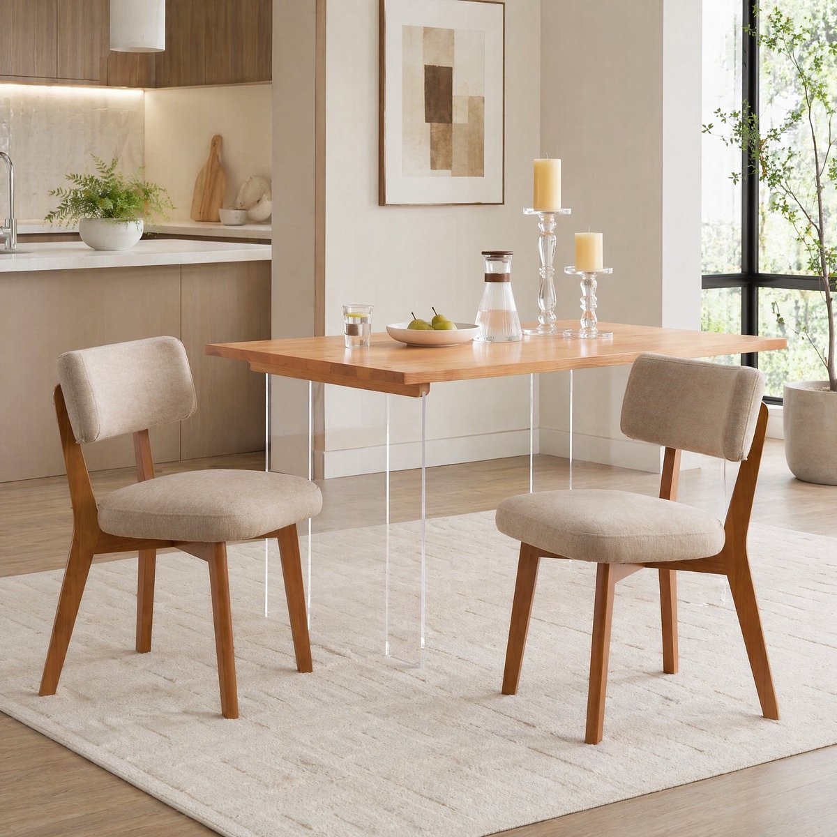 REDOM Eetkamerstoel - Midden-eeuwse stijl - Gepolsterde zitting met rugleuning - Houten onderstel - Set van 2 - Kaki - 54,5 x 47 x 77 cm khaki