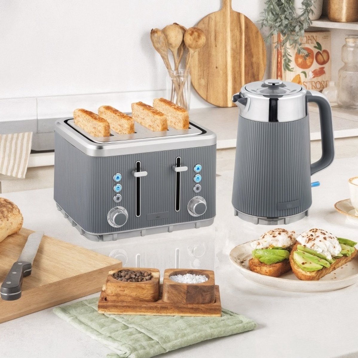 MODFU-Broodrooster En Waterkoker-4 Sleuven-1,7L-2200W-Grijs-RVS