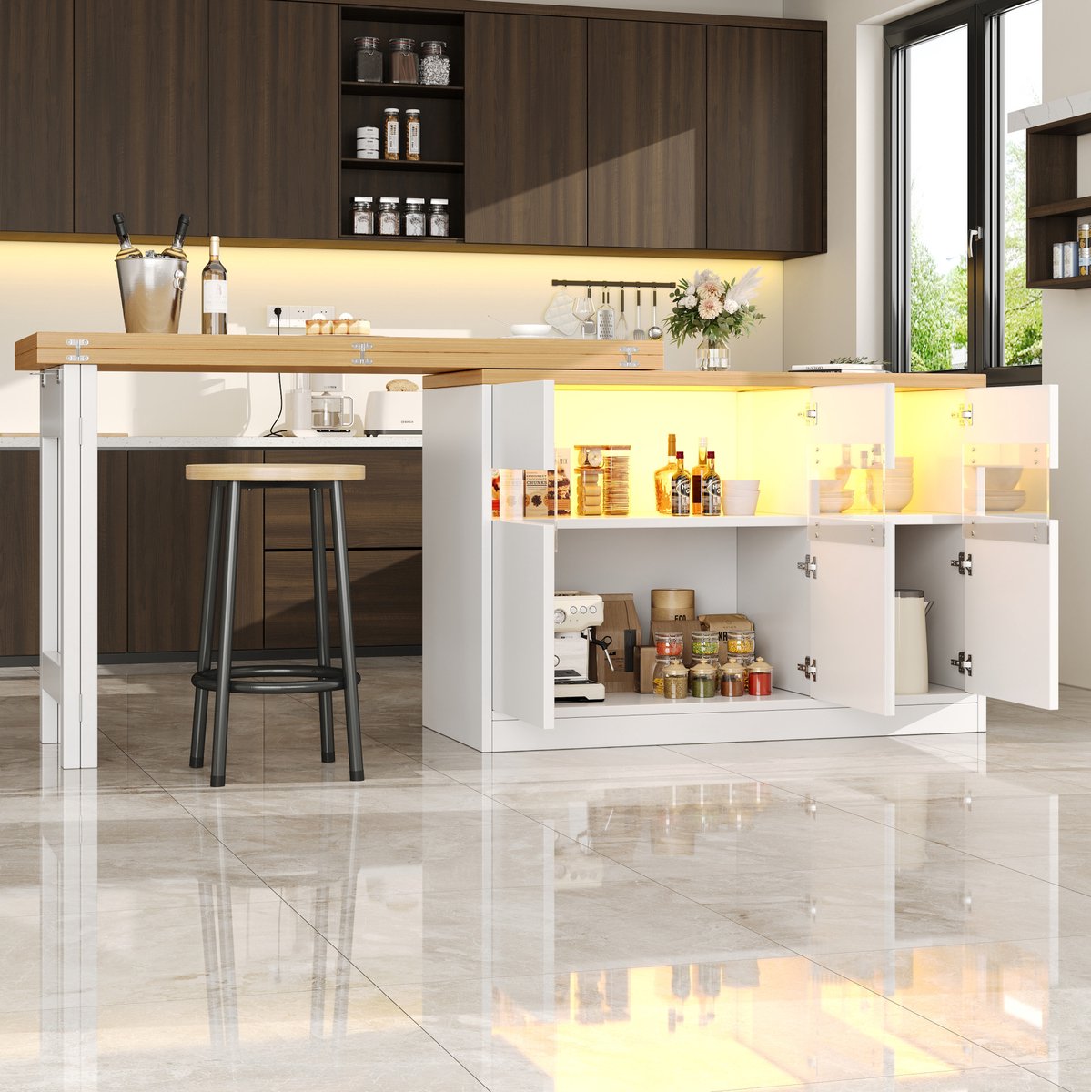 REDOM Bartafel - Uitschuifbaar - LED-verlichting - Opbergruimte met glazen deuren - Keuken en eetkamer - MDF - Natuurkleur en wit - 120-180 x 40 x 71,5 cm