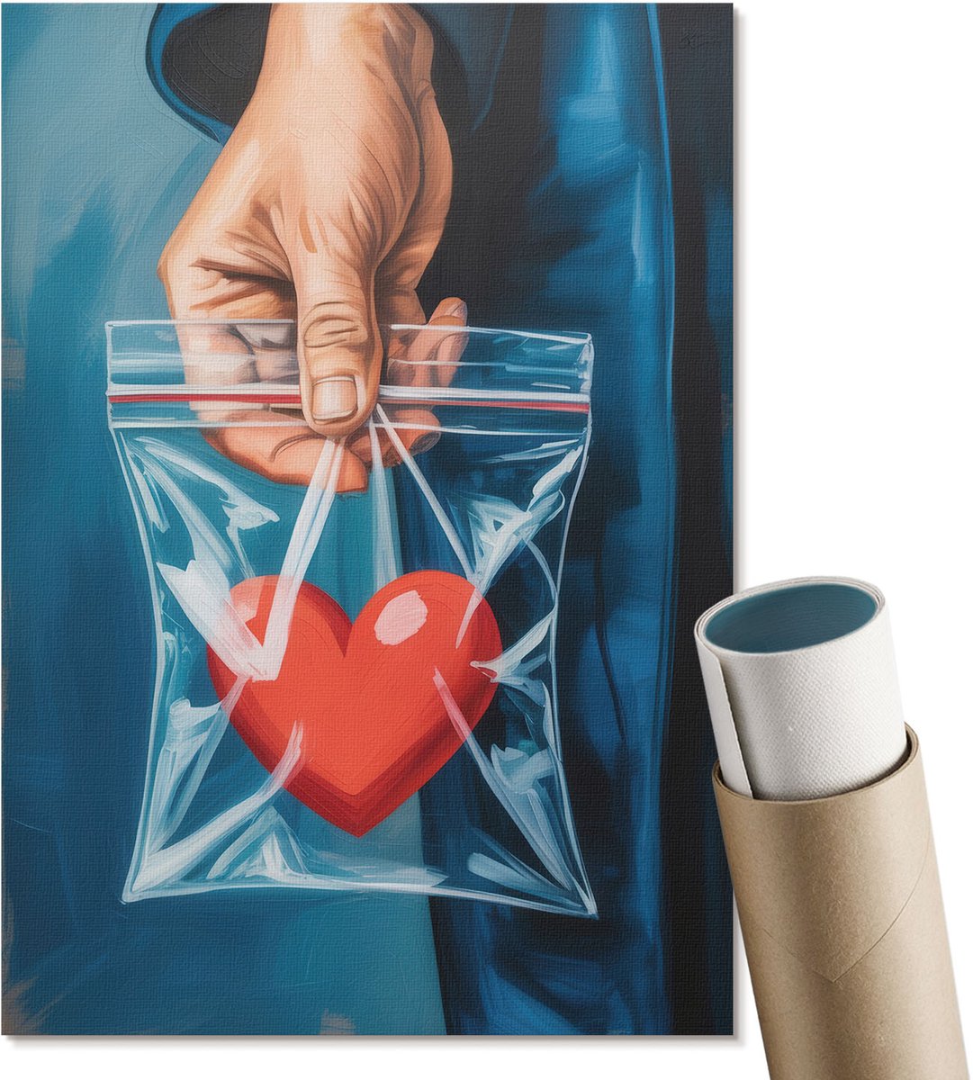 Coloray Polycanvas Wandposter - Hart In Een Zak, Schilderen - A4 - Blauw Poster - Rechthoek - Canvasposter - Woonkamer, Slaapkamer, Kantoor - Expressief