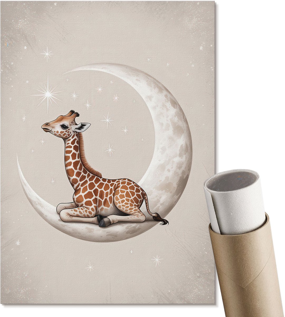 Coloray Canvas Poster Polycanvas - Giraffe Op De Maan, Illustratie - A4 - Beige Patroon - Rechthoek - Wandkunst - Woonkamer, Slaapkamer, Kantoor - Kinder