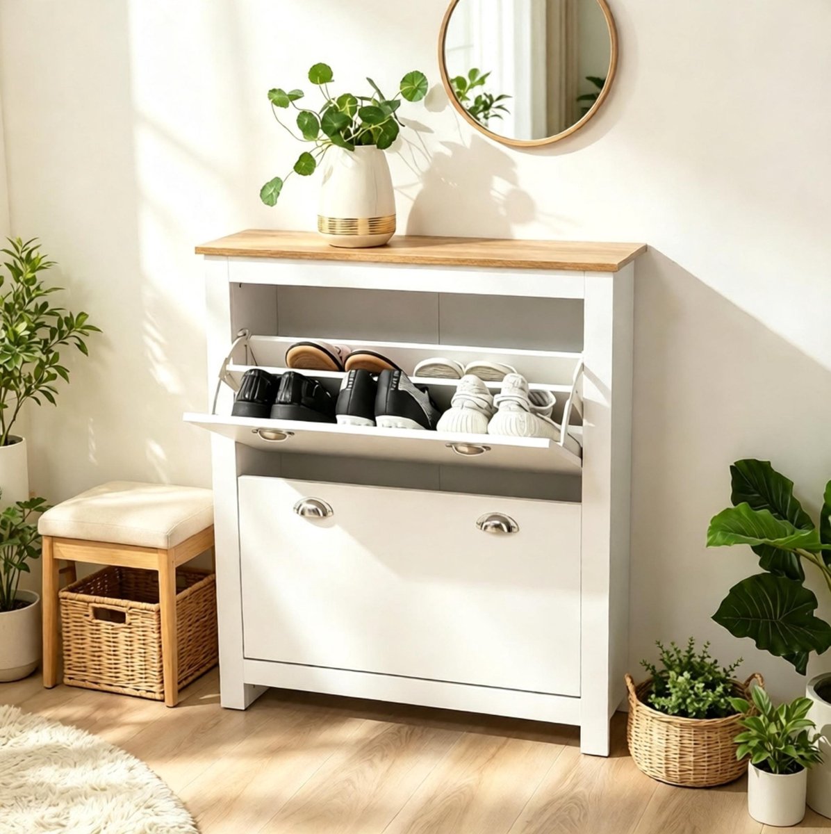 FloraGrace Schoenenkast - Moderne Schoenkipper Met Dubbele Kleppen En Opbergruimte - Voor Hal En Garderobe - MDF - Eikenkleur En Wit - 79x23x90,5 Cm