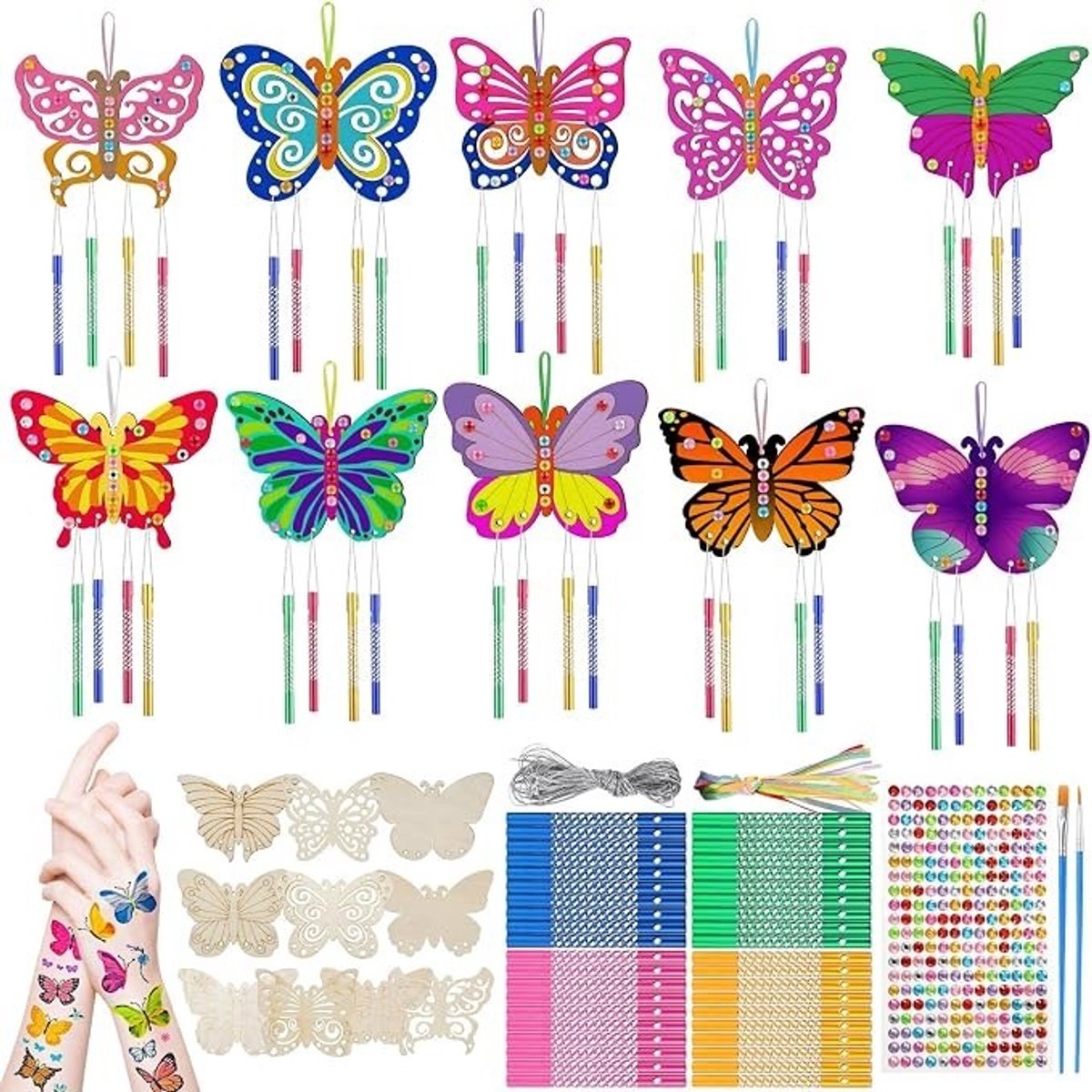 PolkaHome Windgong Knutselset voor Kinderen - 10 Stuks Houten Vlinder DIY Knutselpakket met Verf, Stickers en Tattoos