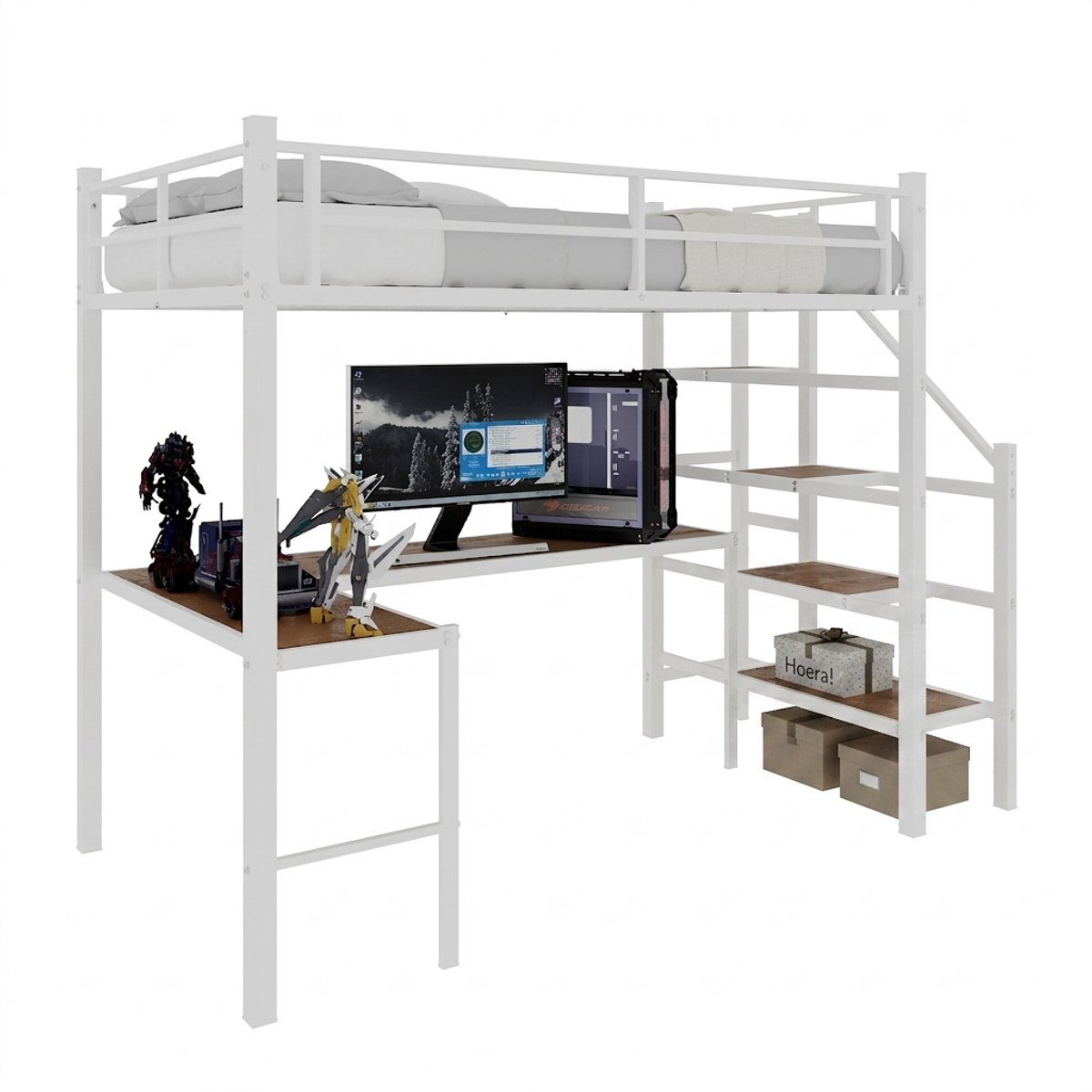 Hoogslaper Met L-vormig Bureau - Witte Metalen Hoogslaper - Met Trap En Opbergruimte - 360 Graden Uitvalbeveiliging - Slaapkamer - Hoogslaper 90x190 cm - Wit